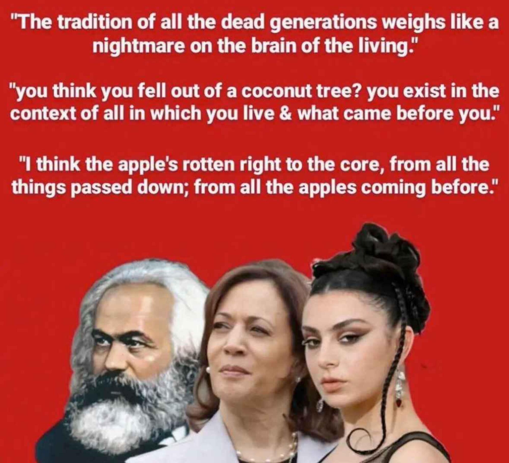 Meme connecting Marx, Harris, and Charli XCX