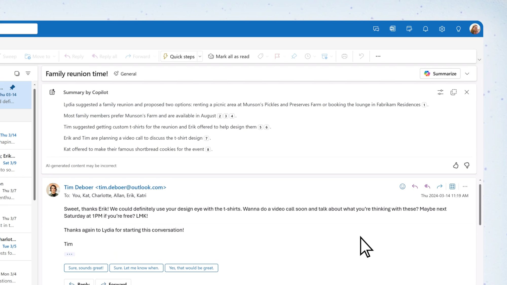 Copilot summarizing an email thread