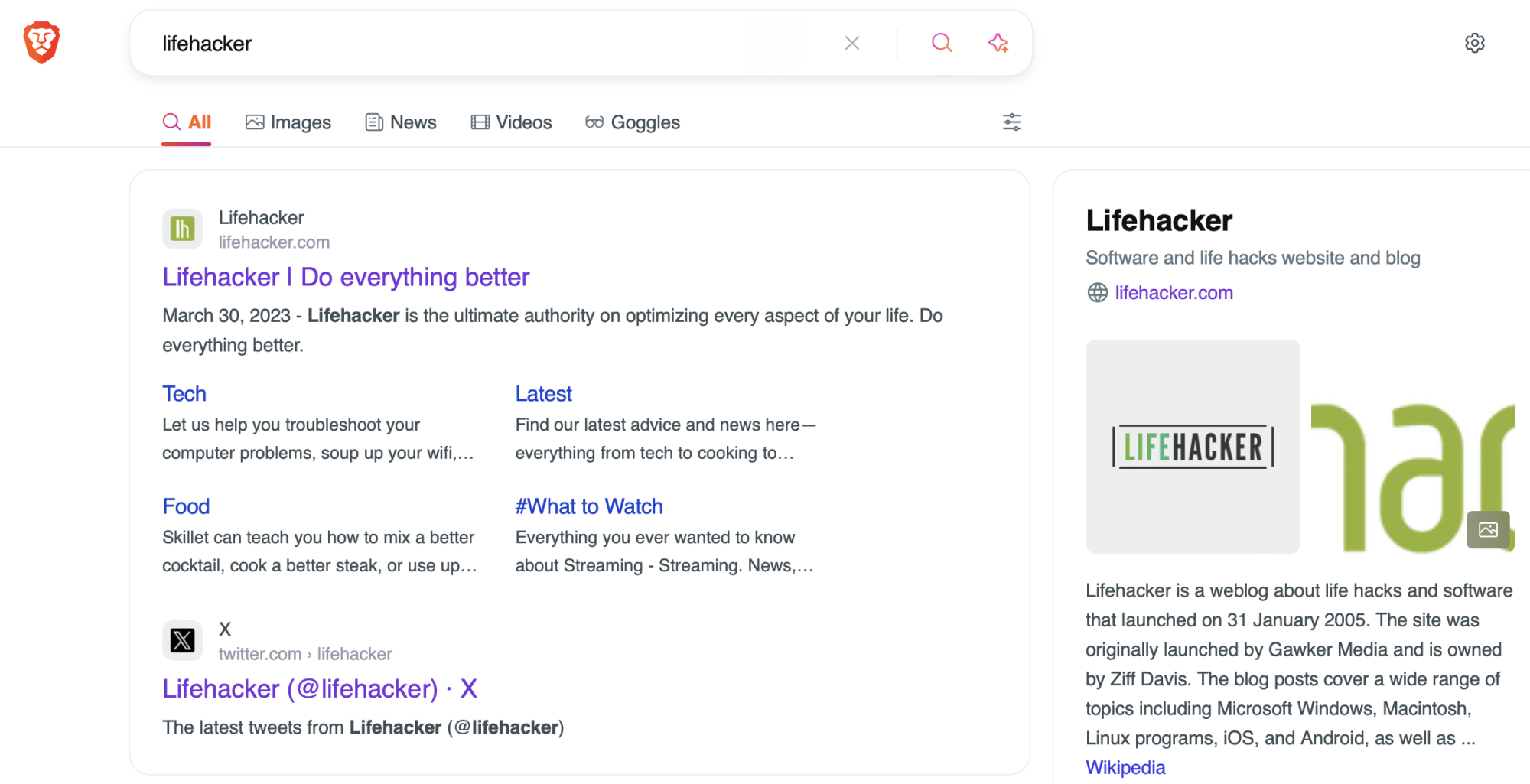 A Brave search for the word Lifehacker