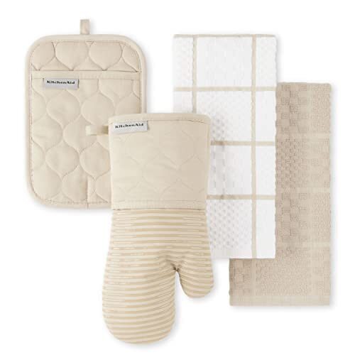 KITCHENAID Quilted Cotton Terry Cloth Oven Mitt, Pot Holder, Kitchen Towel 4-Pack Set, Heat Resistant, Silicone Grip, Gift Set, Milkshake, 16x26, 7x13 & 7x10