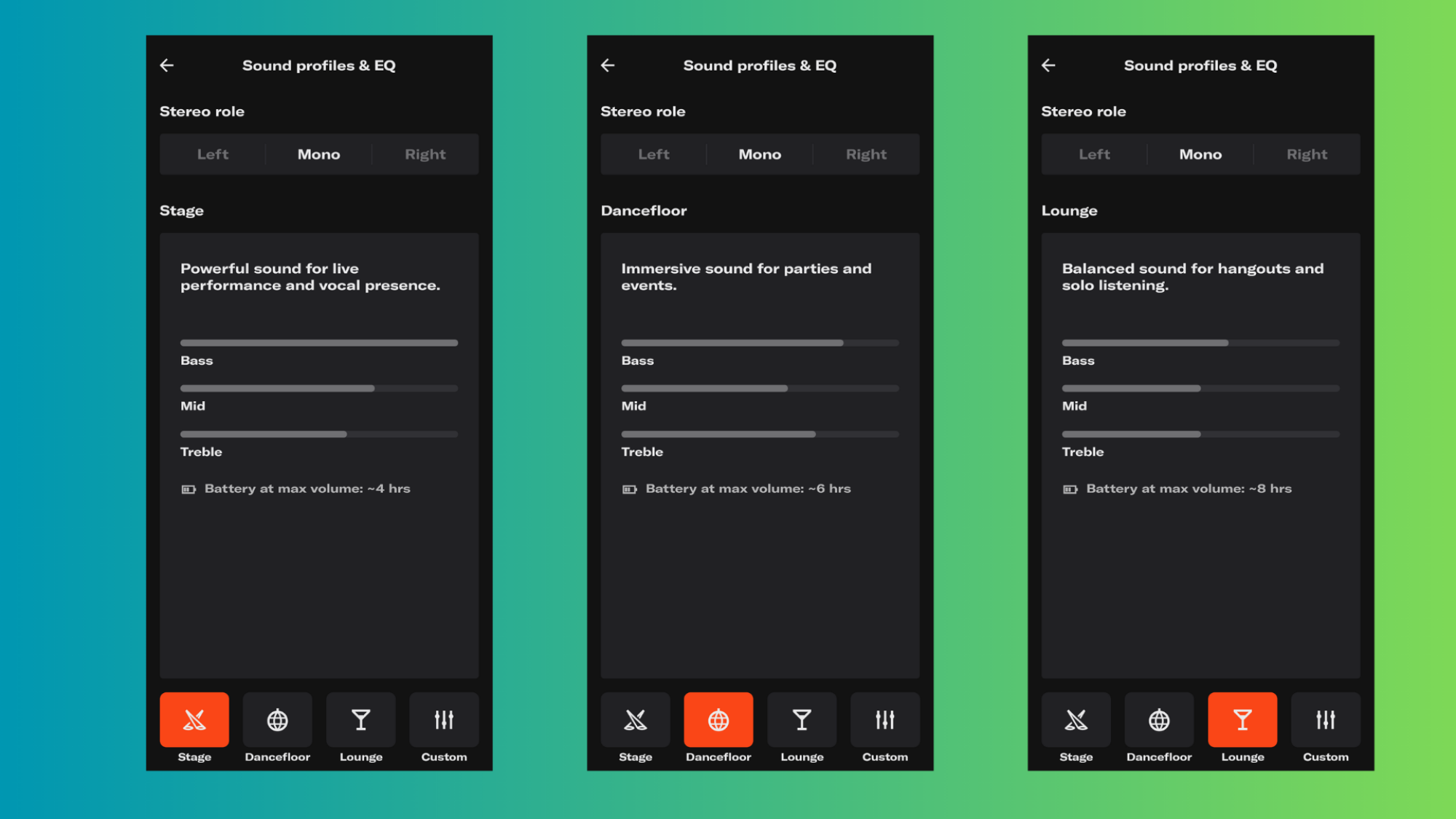 The three preset EQ settings on the app.