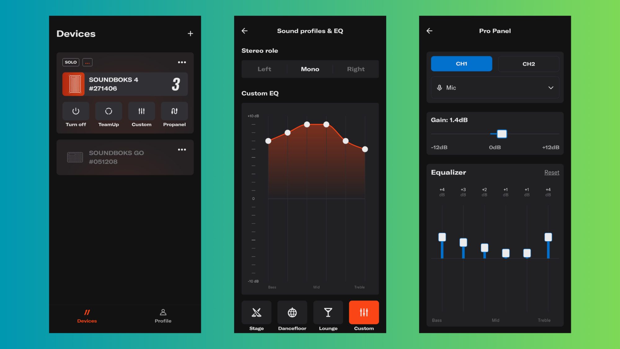 The main menu, EQ, and channel EQ for instruments on the Soundboks app.