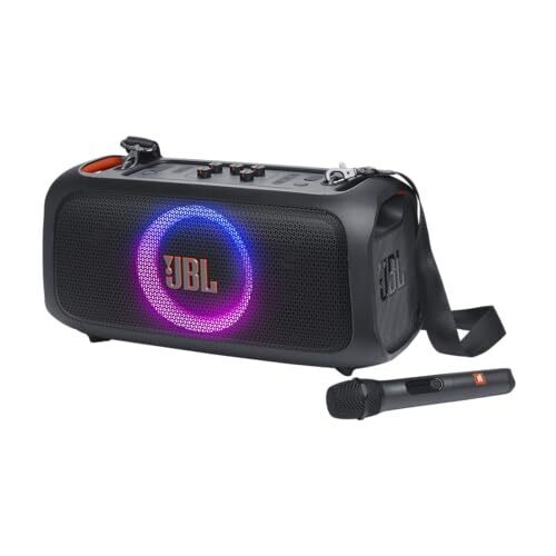 JBL PartyBox On-The-Go Essential - Portable party speaker with built-in lights and wireless mic, Amazing Pro Sound, IPX4 splashproof protection, 6 hours of playtime, Convenient shoulder strap