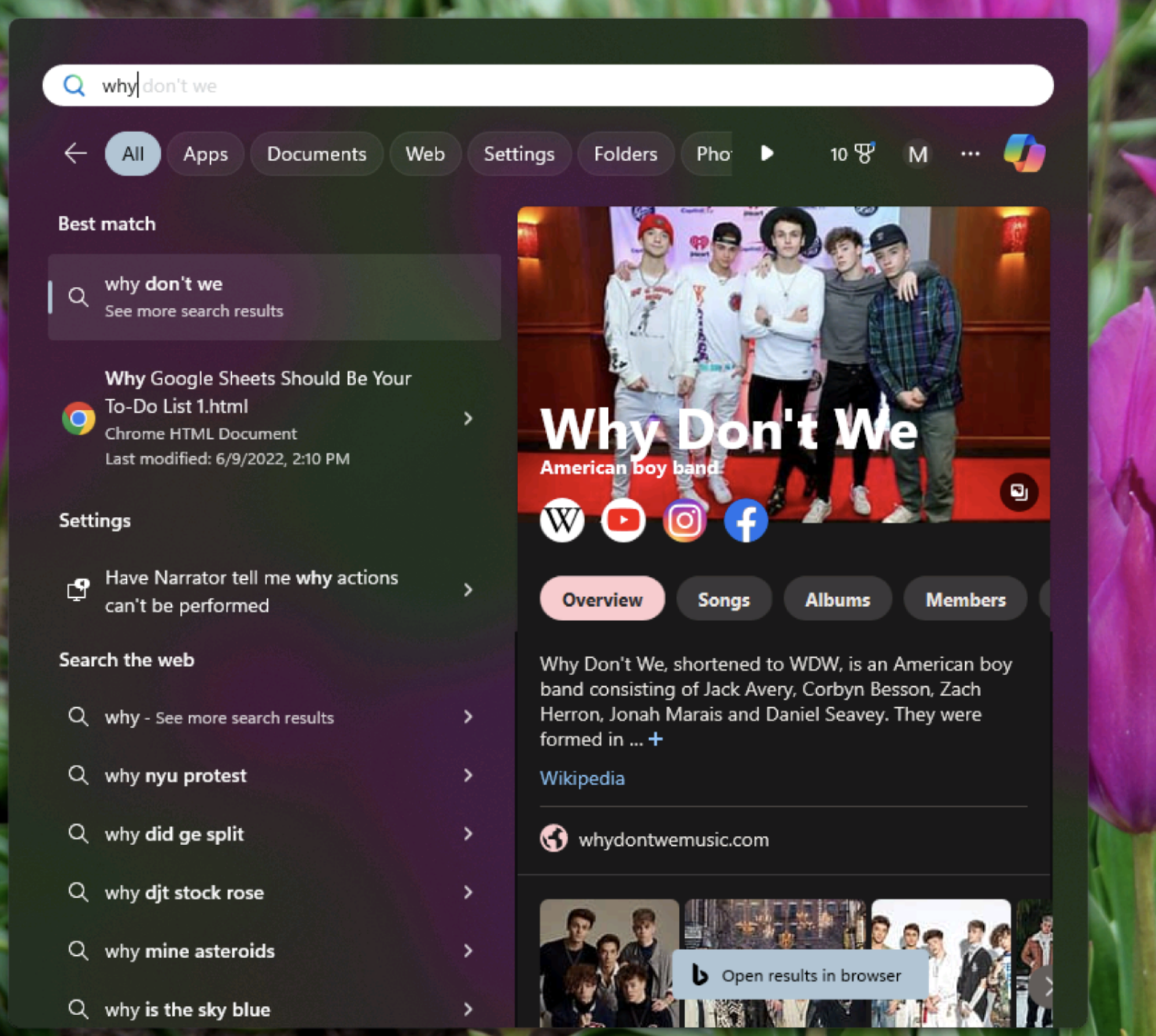 The start menu is, inexplicably, showing me information about a boy band called Why Don't We. 