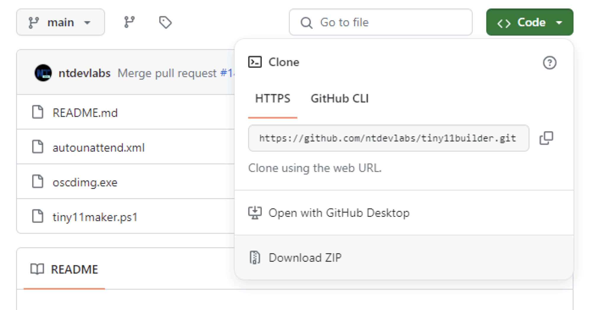 A Github screenshot. The user has clicked on Code and is ready to click Download ZIP. 