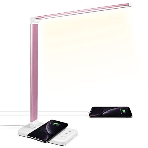 JOSTIC LED Desk Lamp with Wireless Charger, USB Charging Port, Desk Lighting with 10 Brightness, 5 Color Modes, Dimmable Eye Caring Reading Desk Lamps for Home Office, Touch Control, Auto Timer, Pink