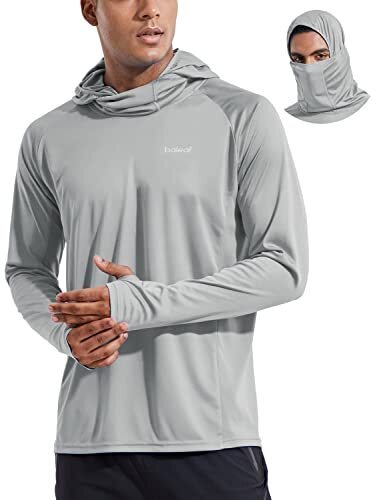 BALEAF Mens Sun Protection Hoodie Shirt, UPF 50+ UV SPF T-Shirts with Mask Rash Guard Fishing Lightweight, 01-gray, Large, Long Sleeve