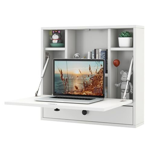 Tangkula Wall Mounted Desk, Folding Wall Table Floating Desk Wall Mount Laptop Desk, Space Saving Wall Mounted Table Wall Desk with Storage Drawer & Shelves (White)