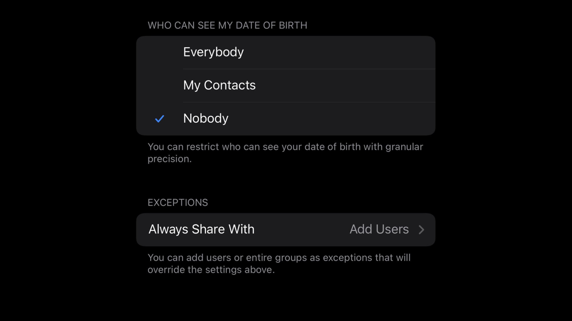 A screenshot of Telegram showing how to hide your date of birth.