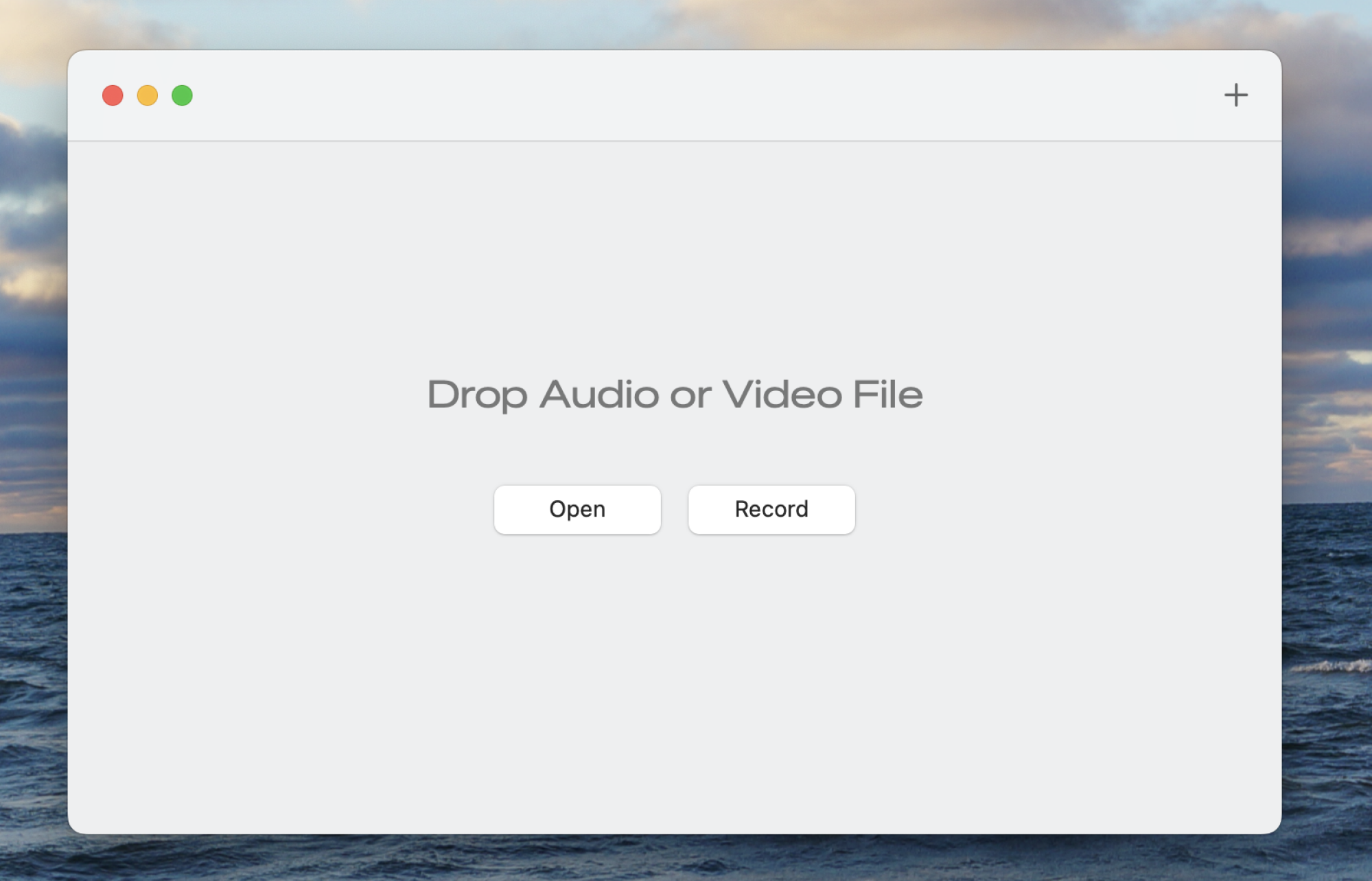 A screenshot of Aiko. The interface is clear—it just says Drop Audio or Video File and there are two buttons: Open and Record.