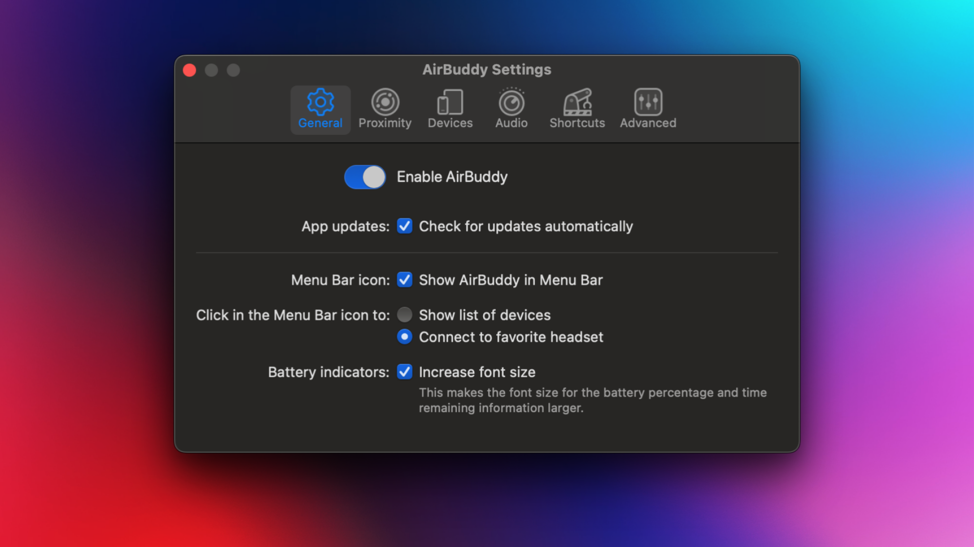 AirBuddy's general settings window.