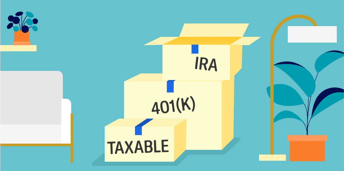 illustration of moving boxes labeled with various retirement account types