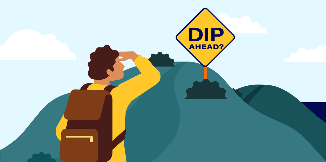 Illustration of person looking at Dip ahead? road sign