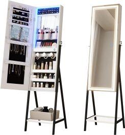 Vlsrka Mirror Jewelry Cabinet Standing with LED, Jewelry Mirror Full Length with Built-in Makeup Mirror & Lights