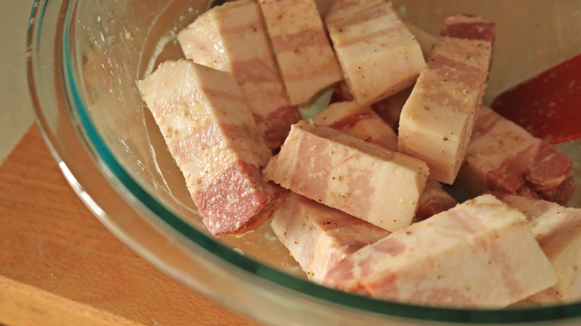 Close-up of pork chunks in a bowl 