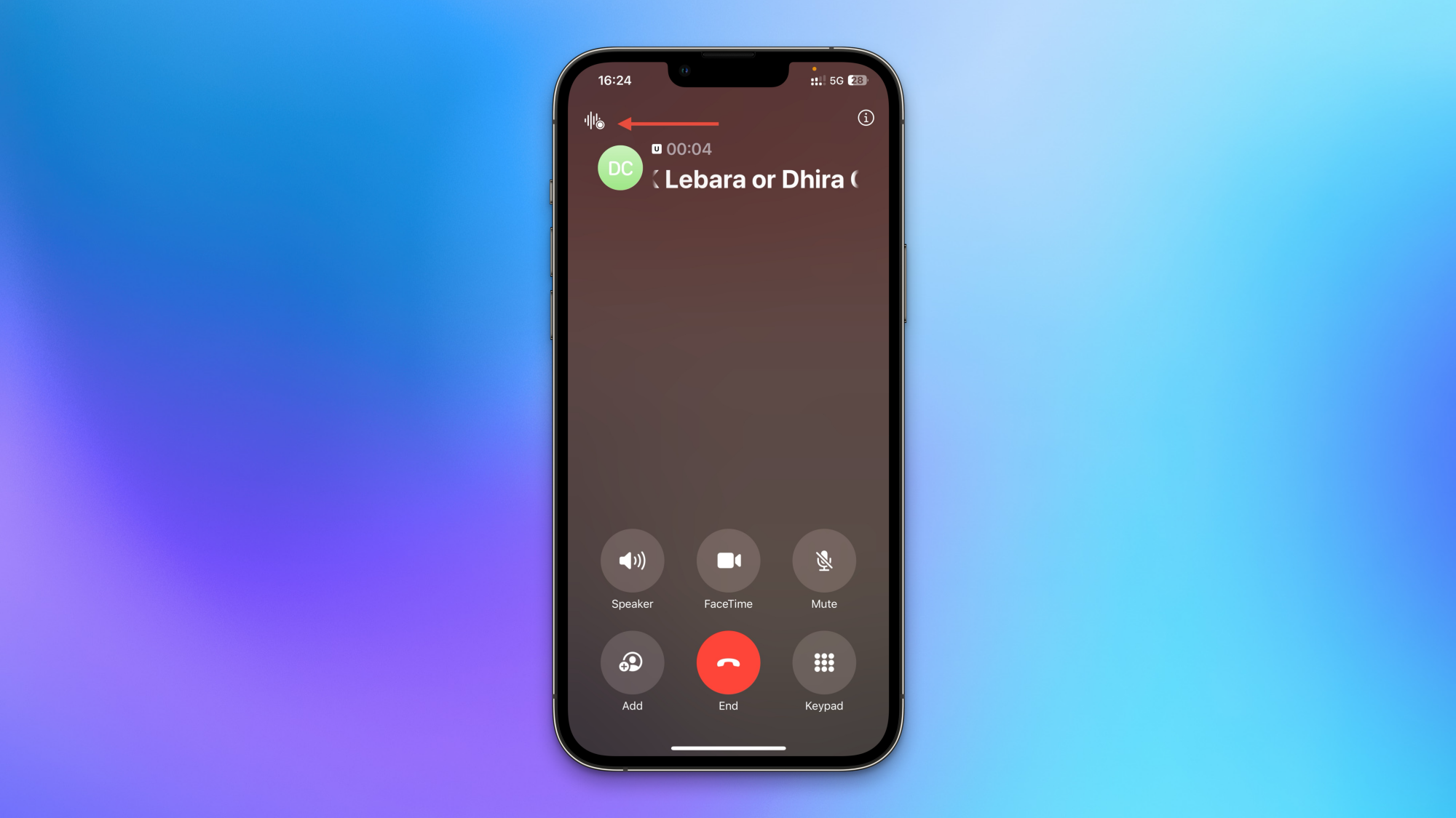 An iPhone's call screen with the call recording button highlighted in the top-left corner.