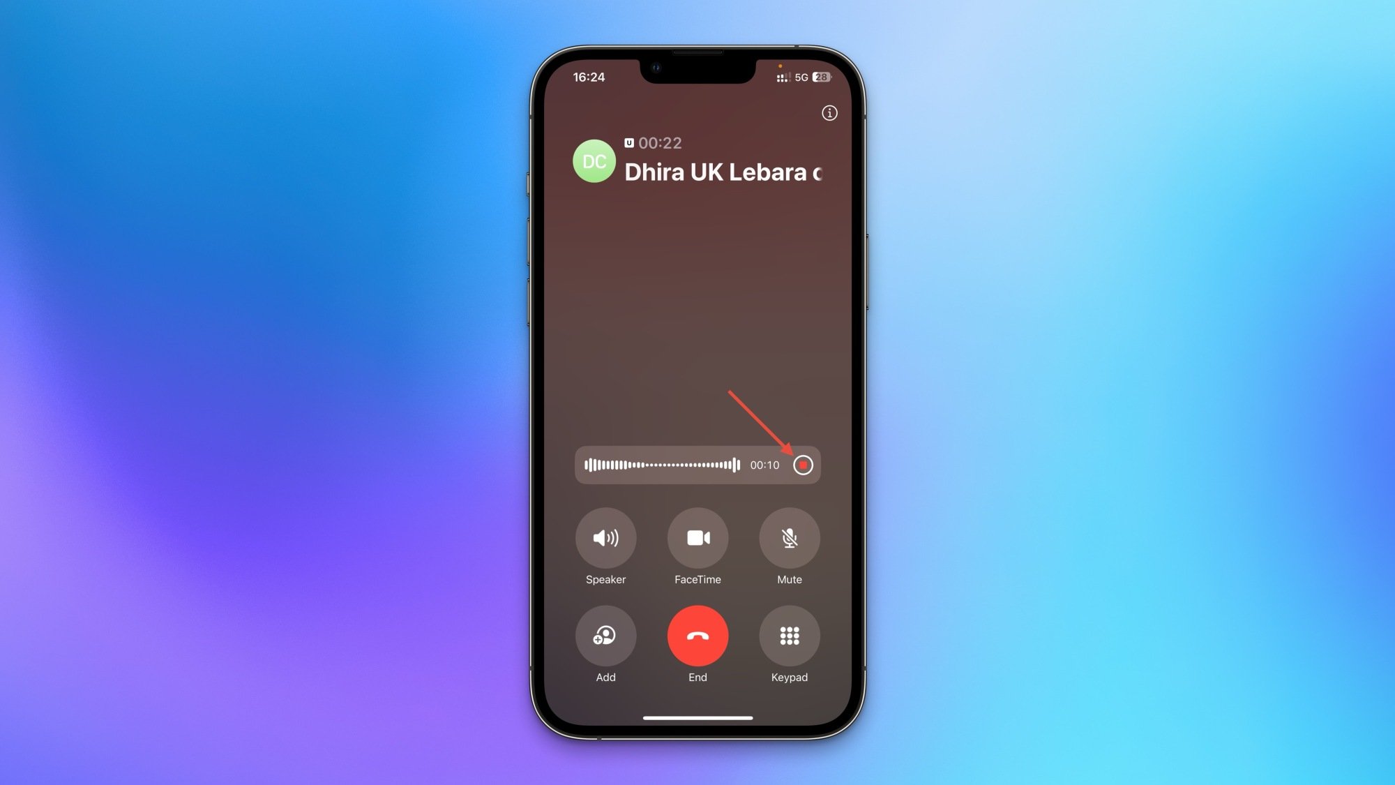 The stop call recording button highlighted on the iPhone call screen.