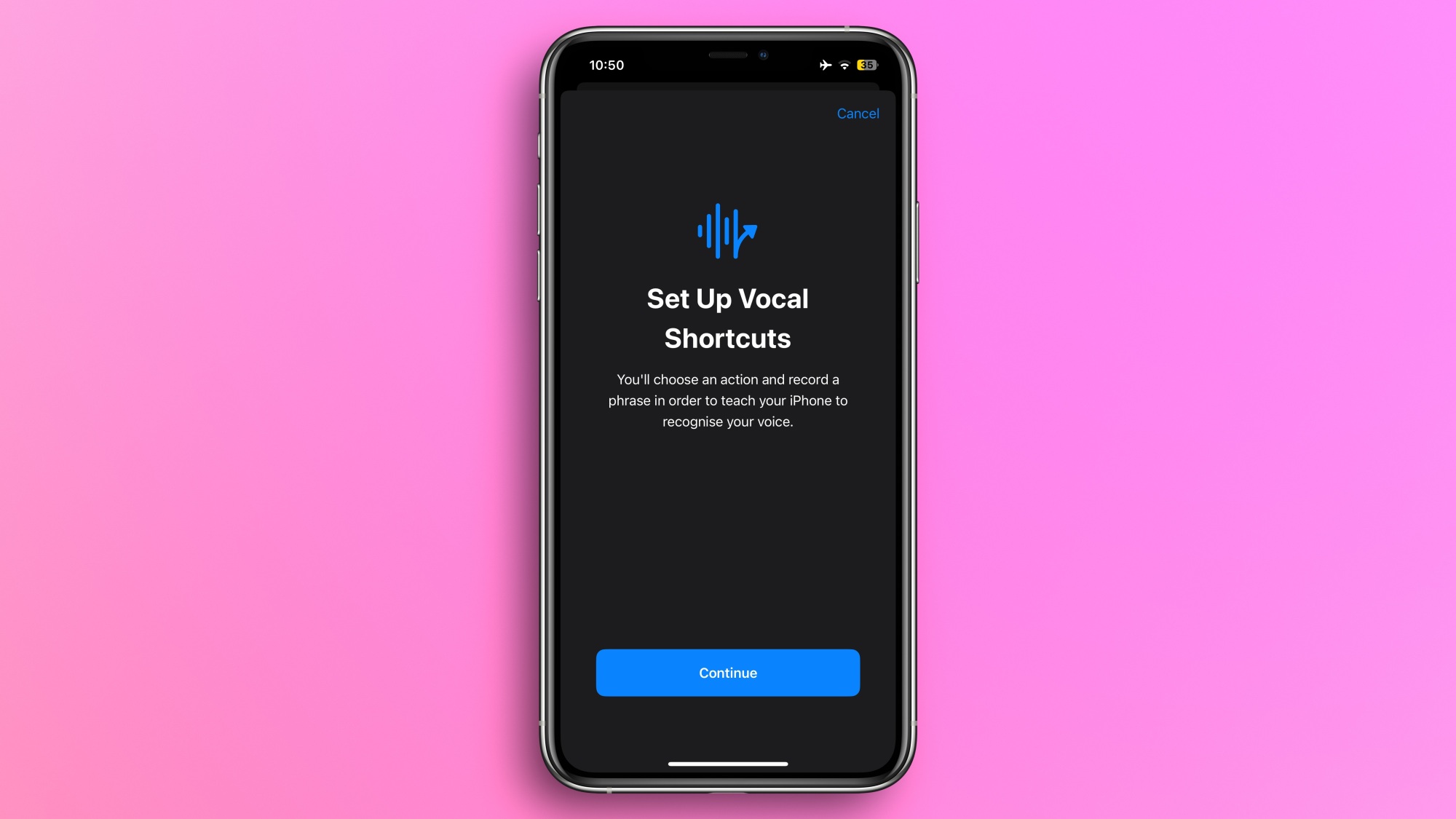 A iPhone screenshot that shows the Vocal Shortcut setup screen.