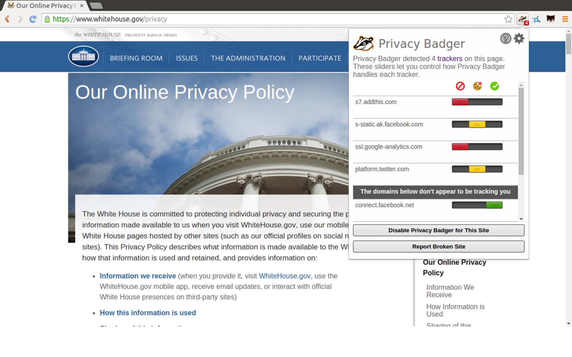 A screenshot demonstrating Privacy Badger