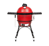 A red kamado grill on a white background.