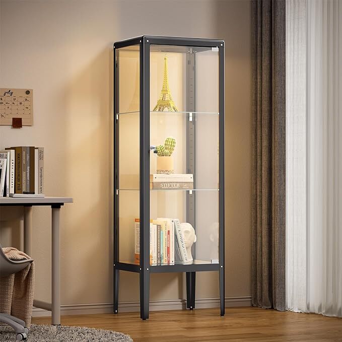 Ryoko Glass Display Cabinet with Adjustable 3-Shelf Shelves, Glass Cabinet with Lock and Door, LED Light